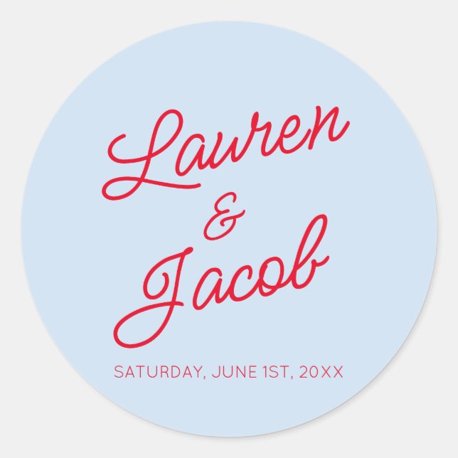 Modern Minimal Minimalist Blue and Red Wedding Runder Aufkleber (Vorderseite)