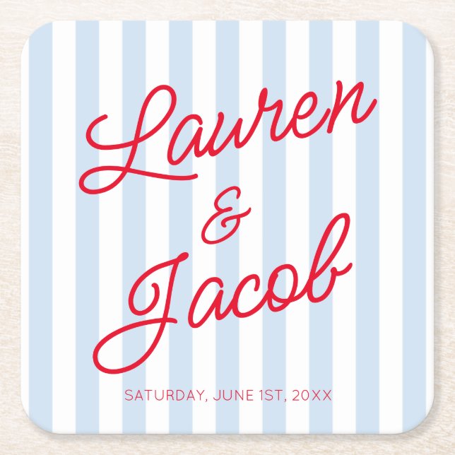 Modern Minimal Minimalist Blue Stripes Red Wedding Rechteckiger Pappuntersetzer (Vorderseite)