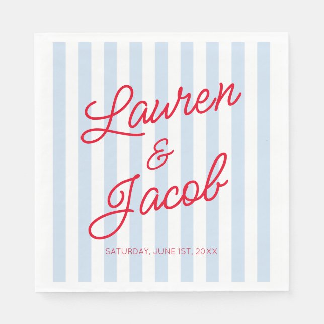Modern Minimal Minimalist Blue Stripes Red Wedding Serviette (Vorderseite)
