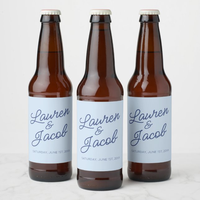 Modern Minimal Minimalist Blue Wedding Bierflaschenetikett (Flaschen)