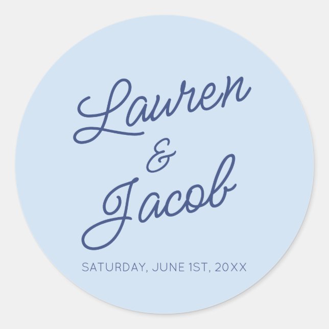 Modern Minimal Minimalist Blue Wedding Runder Aufkleber (Vorderseite)