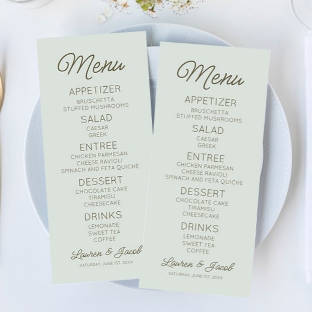 Modern Minimal Minimalist Green Wedding Menükarte (Von Creator hochgeladen)