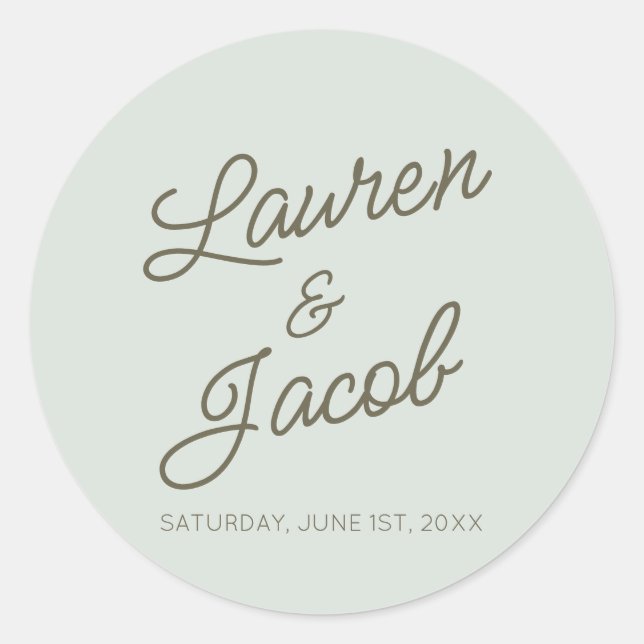 Modern Minimal Minimalist Green Wedding Runder Aufkleber (Vorderseite)