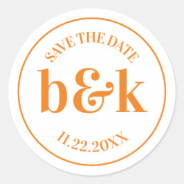 Modern Minimal Monogram Rett Date Orange Wedding Runder Aufkleber