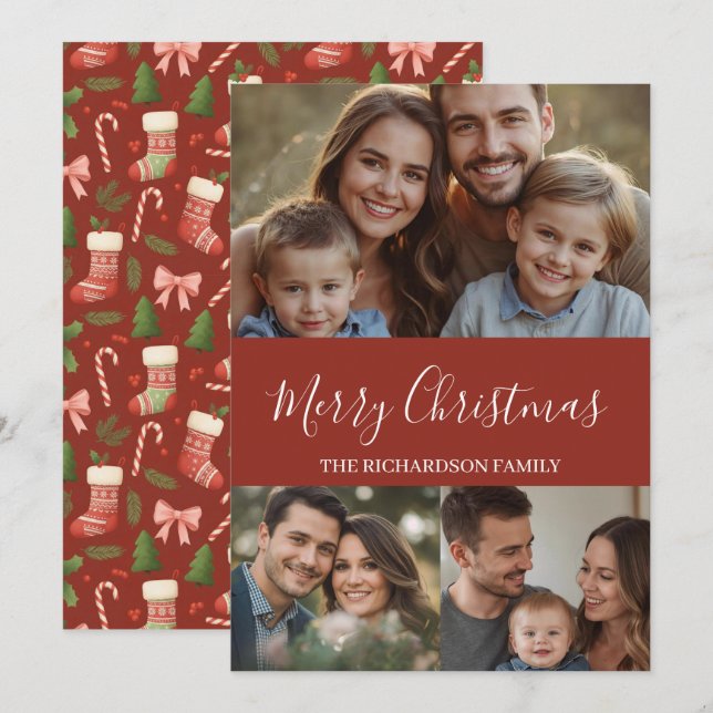 Modern Minimal Multi-Photo Christmas Feiertagskarte (Vorne/Hinten)