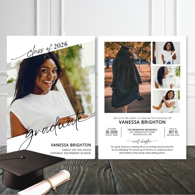 Modern Minimal Multi Photo Graduation  Einladung (Modern multi photo graduation announcement with editable text and Class of 2026 design)