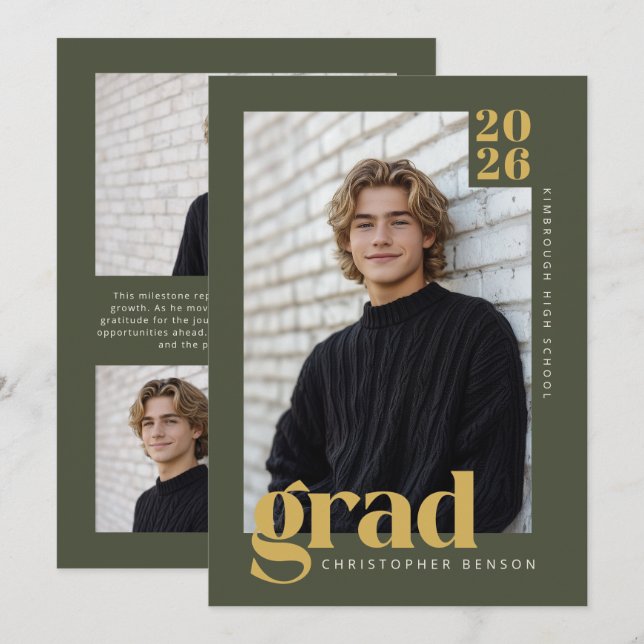 Modern Minimal Olive Green Gold Photo Graduation Einladung (Vorne/Hinten)