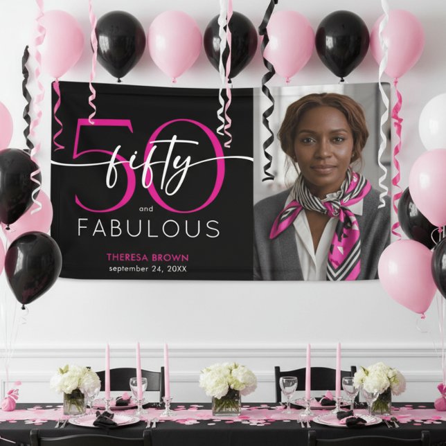 Modern Minimal Pink Fifty Fabulous Script Birthday Banner (Von Creator hochgeladen)