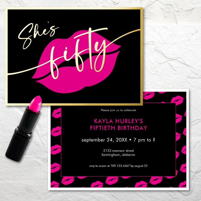 Modern Minimal Pink Lips She's Fifty Birthday Folieneinladung (Modern Minimal Pink Lips She's Fifty Birthday Foil Invitation)