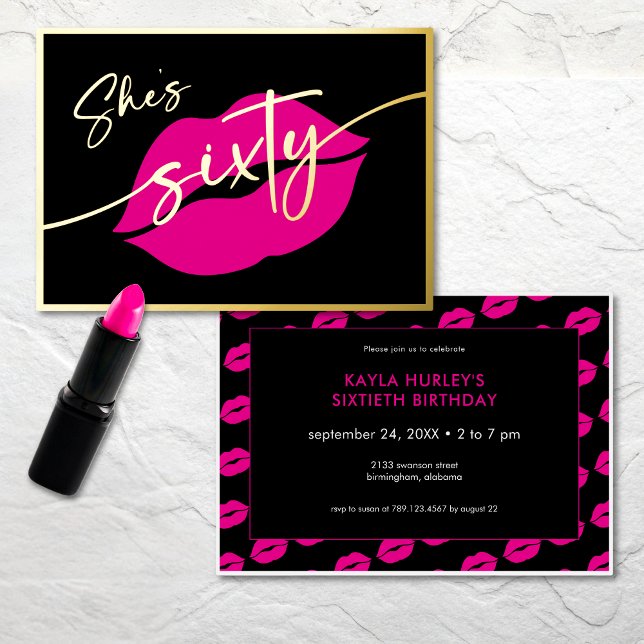 Modern Minimal Pink Lips She's Sixty Birthday Folieneinladung (Modern Minimal Pink Lips She's Sixty Birthday Foil Invitation)