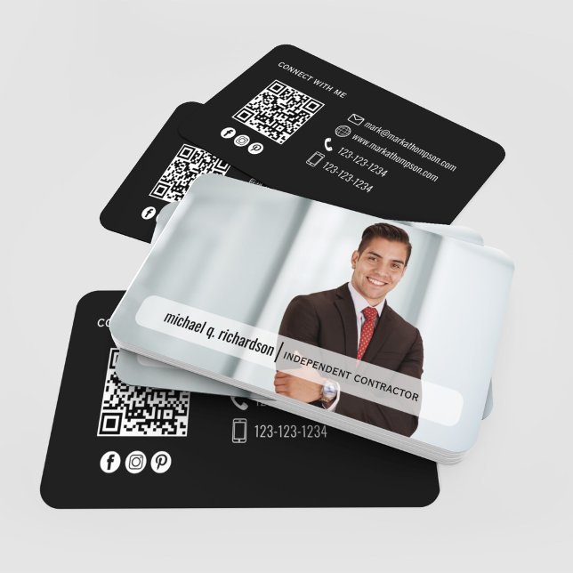 Modern Minimal QR Code Photo Profile Card Visitenkarte (Modern black QR code photo cards scattered with clean minimal contact design)