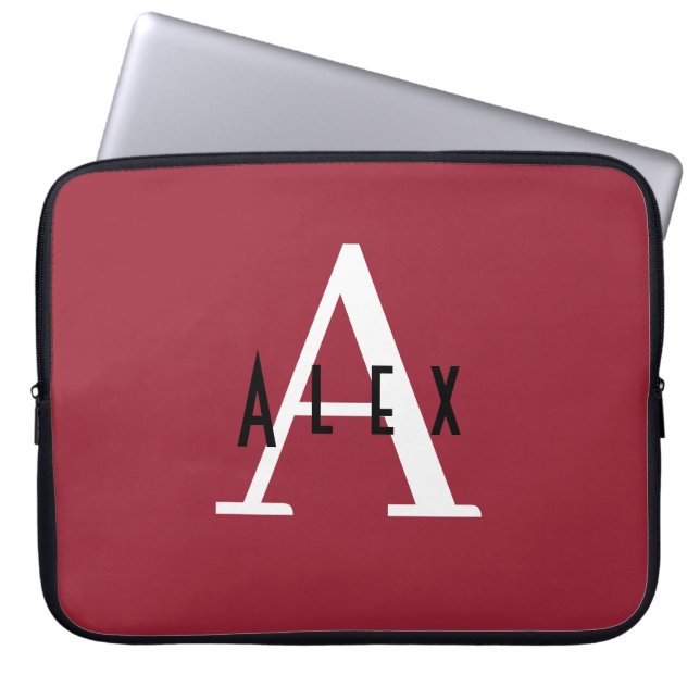 Modern Minimal Red Initial + Name Monogram Laptopschutzhülle (Vorderseite)