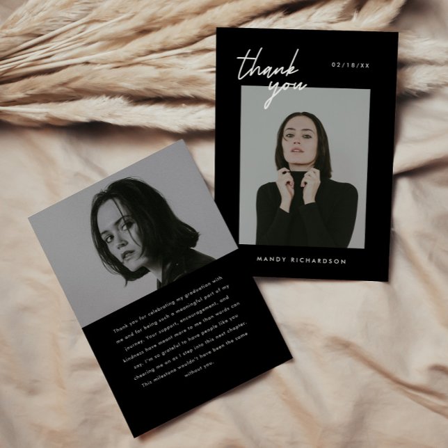 Modern Minimal Script 2-Photo Graduation Party Dankeskarte (Von Creator hochgeladen)