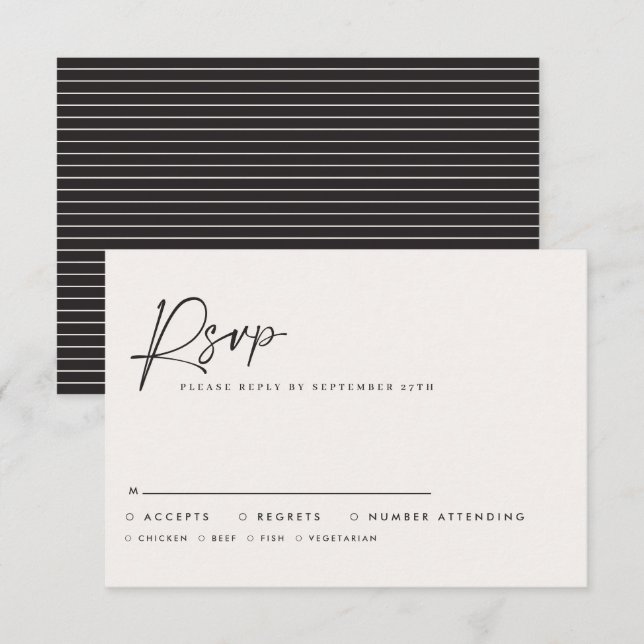 Modern Minimal Script Wedding RSVP with Stripe abc Mitteilungskarte (Vorne/Hinten)