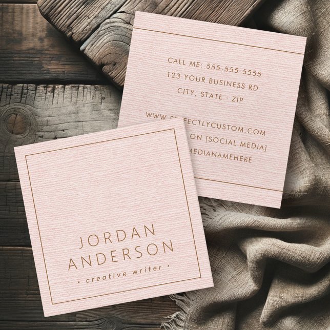 Modern minimal thin borders blush pink linen look quadratische visitenkarte (Modern minimal thin borders blush pink linen look square business card)
