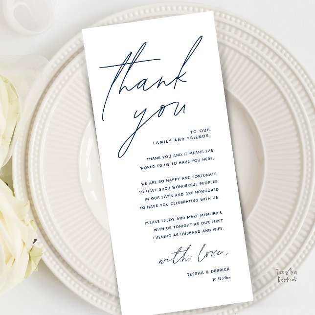 Modern Minimal Wedding Reception Thank You Card Programm (Modern Minimal Wedding Reception Dinner Brunch Lunch Thank You Card in Navy Blue)