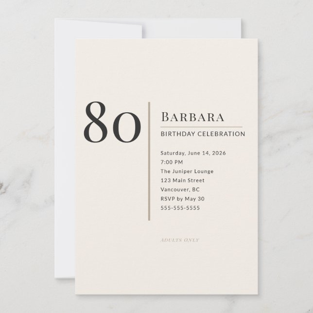 Modern Minimalist 80th Adult Birthday Celebration Einladung (Vorderseite)