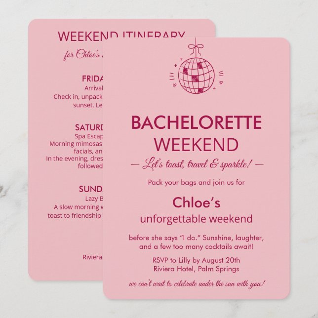 Modern Minimalist Bachelorette Weekend | Pink  Einladung (Vorne/Hinten)