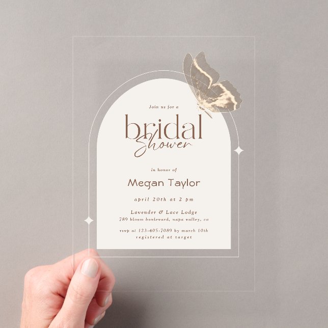 Modern Minimalist Beige Butterfly Bridal Shower Acryleinladungen (Insitu (Handheld))
