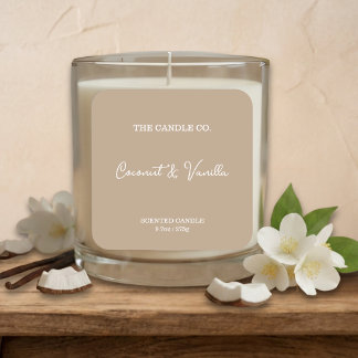 Modern Minimalist Beige Script Candle Label Quadratischer Aufkleber