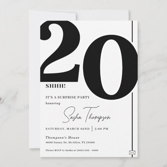 Modern minimalist black 20th birthday invitation einladung (Vorderseite)
