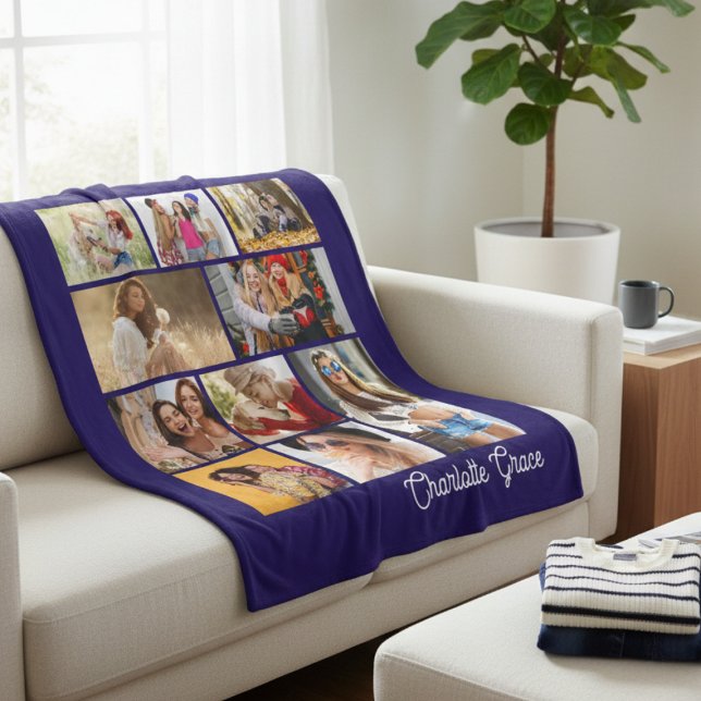 Modern Minimalist Blue 10 Photo Collage With Name Fleecedecke (Von Creator hochgeladen)