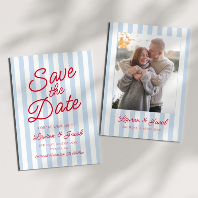 Modern Minimalist Blue and Red Stripes Wedding Save The Date (Von Creator hochgeladen)