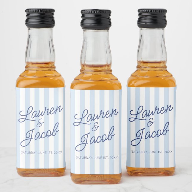 Modern Minimalist Blue Stripes Wedding Mini Alkoholflaschenetikett (Flaschen)