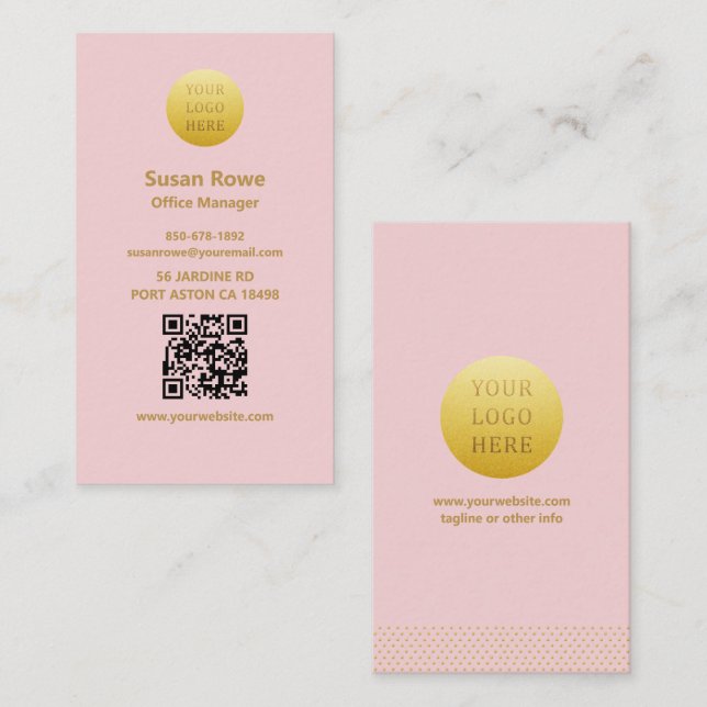 Modern Minimalist Blush Pink and Gold QR Code Visitenkarte (Vorne/Hinten)