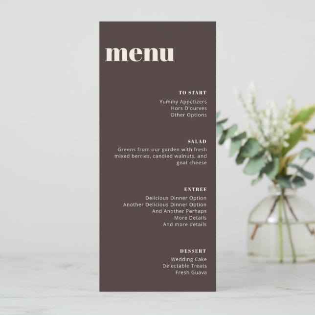 Modern Minimalist Brown Wedding Tall Template Menu Menükarte (Stehend Vorderseite)