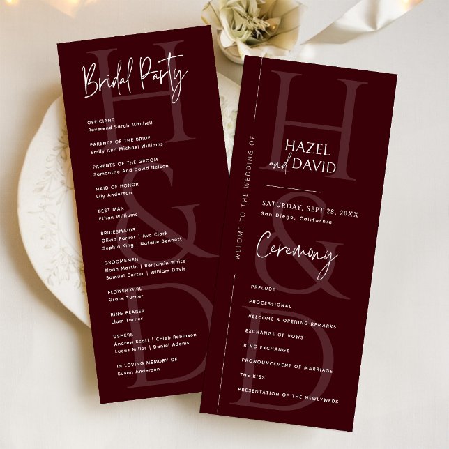Modern Minimalist Burgundy Monogram Wedding Programm (Von Creator hochgeladen)