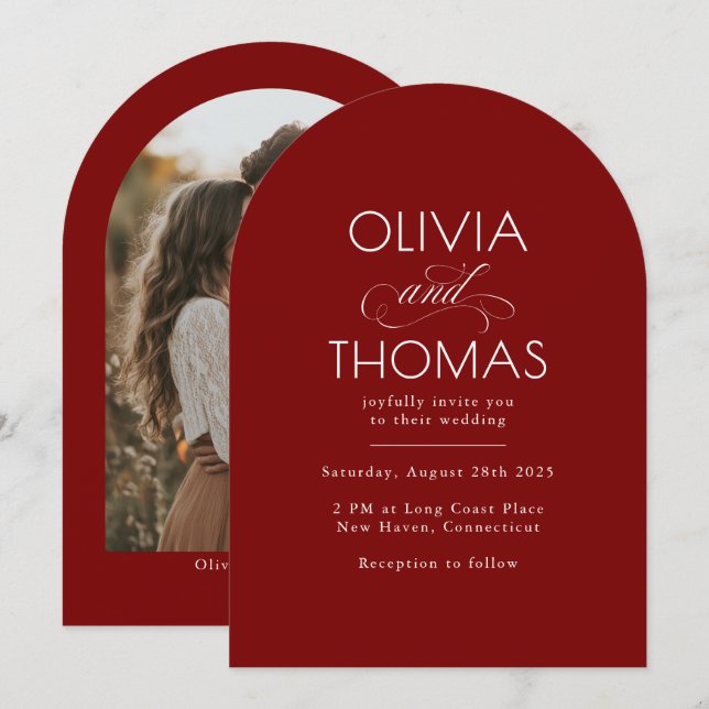 Modern Minimalist Burgundy Red Wedding Photo Einladung (Vorne/Hinten)
