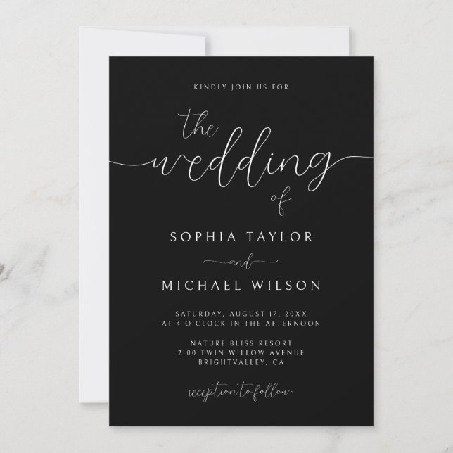 Modern Minimalist Calligraphy Black Wedding Einladung (Vorderseite)