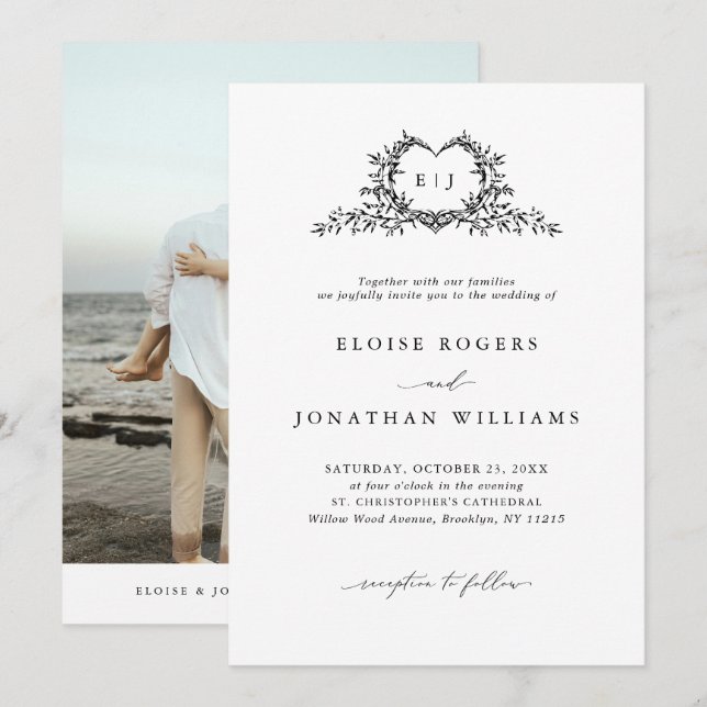 Modern Minimalist Calligraphy Crest Photo Wedding Einladung (Vorne/Hinten)