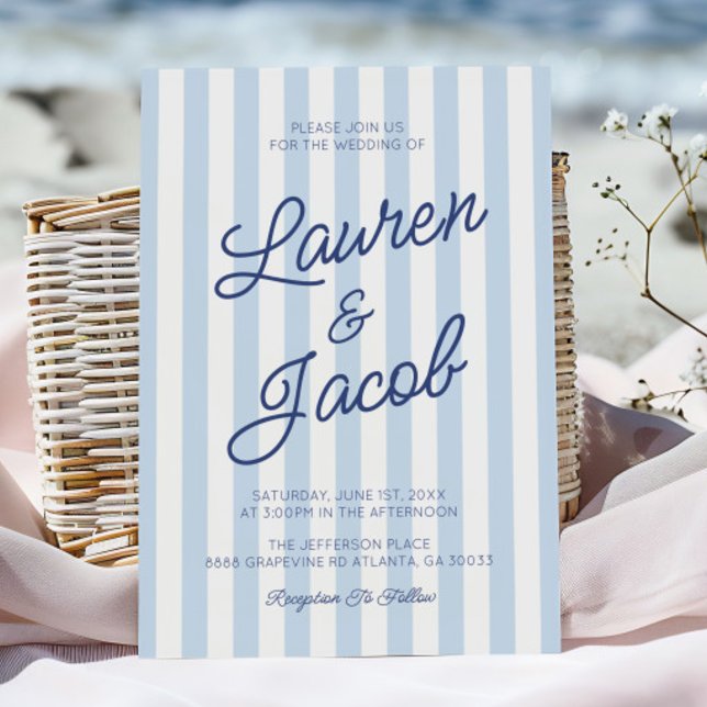 Modern Minimalist Coastal Blue Stripes Wedding Einladung (Von Creator hochgeladen)
