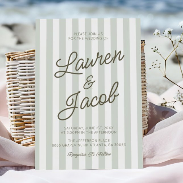 Modern Minimalist Coastal Green Stripes Wedding Einladung (Von Creator hochgeladen)