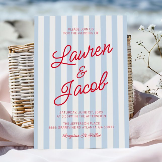 Modern Minimalist Coastal Red Blue Stripes Wedding Einladung (Von Creator hochgeladen)