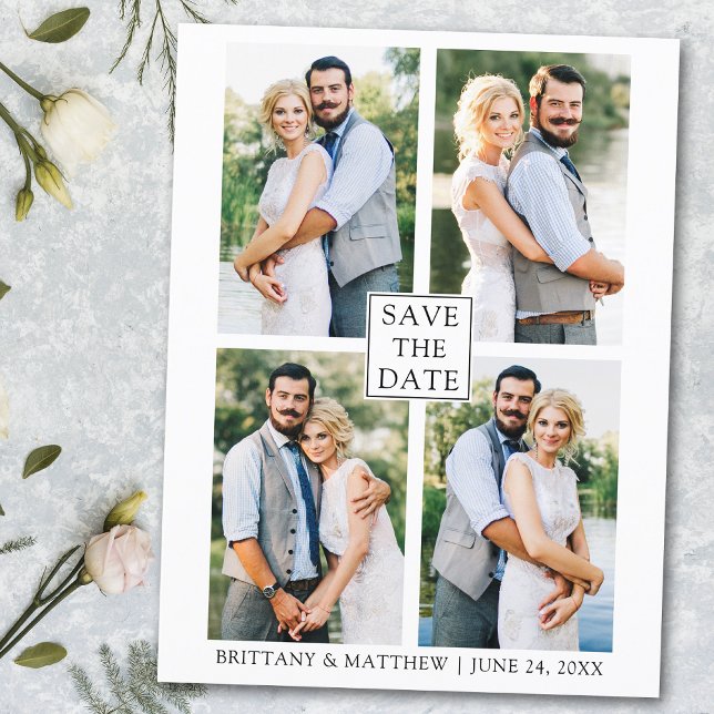 Modern Minimalist Couple 4 Photo Save the Date Postkarte (Customize to change text size or text style.)