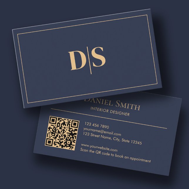 Modern Minimalist Dark Blue Initials QR Code Visitenkarte (Modern Minimalist Business Card Initial Dark Blue)
