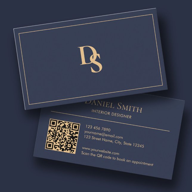 Modern Minimalist Dark Blue Initials QR Code Visitenkarte (Modern Minimalist Dark Blue Initials QR Code Business Card)