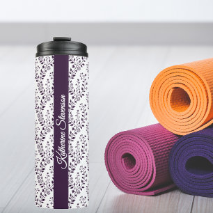 Modern minimalist dunkle Pflaume weiße floral Schr Thermosbecher