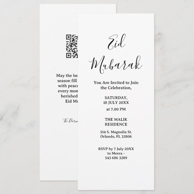 Modern Minimalist Eid Mubarak Invitation | QR Code Einladung (Vorne/Hinten)