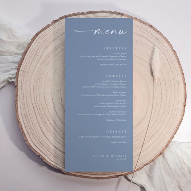 Modern Minimalist Elegant Dusty Blue Wedding Menükarte (Dusty blue wedding menu with elegant handwritten script and minimalist modern typography.)