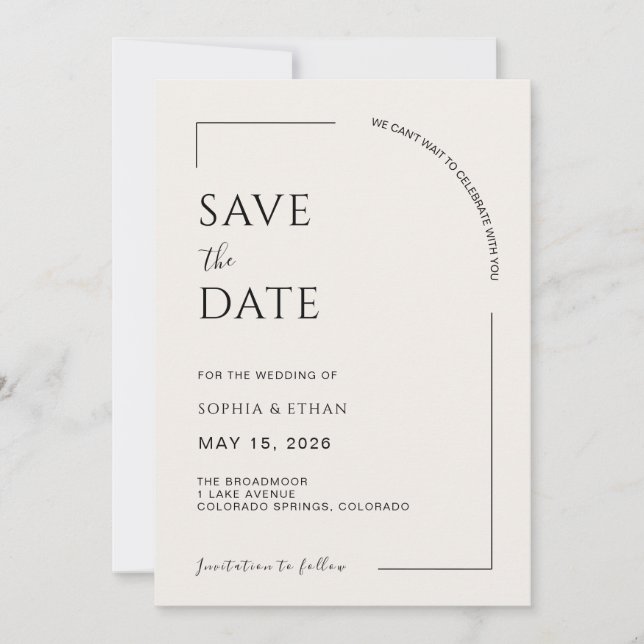 Modern minimalist Elfenbein-Editorial Save The Date (Vorderseite)