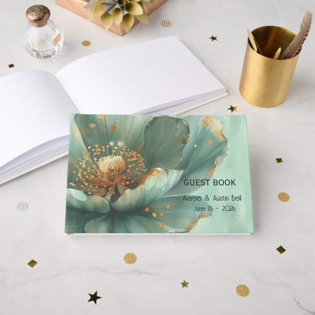 Modern Minimalist Emerald and Gold Wedding  Gästebuch (Vorderseite Offen)