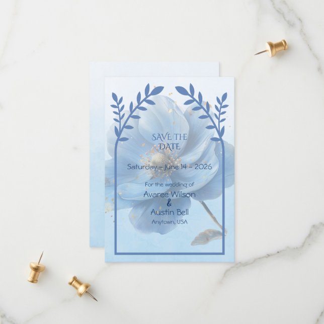 Modern Minimalist Gold and Blue Flat Save The Date (Vorderseite/Rückseite Beispiel)
