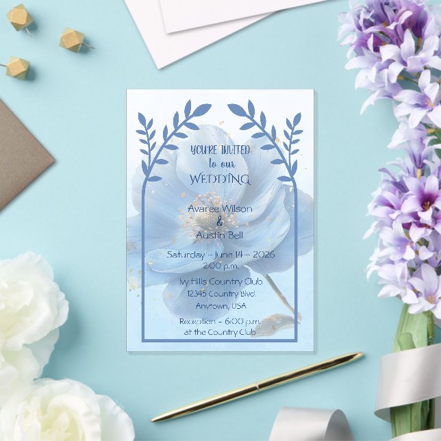 Modern Minimalist Gold and Blue Poppy Acryleinladungen (In Situ (Hochzeit))
