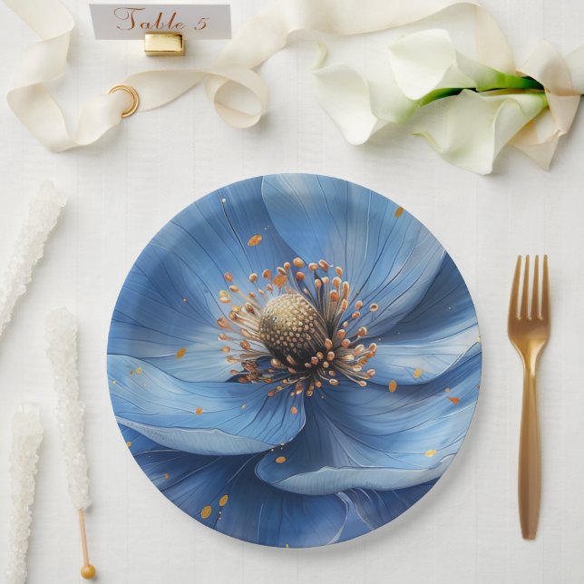 Modern Minimalist Gold and Blue Poppy  Pappteller (Hochzeit)