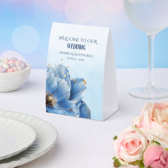 Modern Minimalist Gold and Blue Poppy  Tischaufsteller (In Situ (Hochzeit))