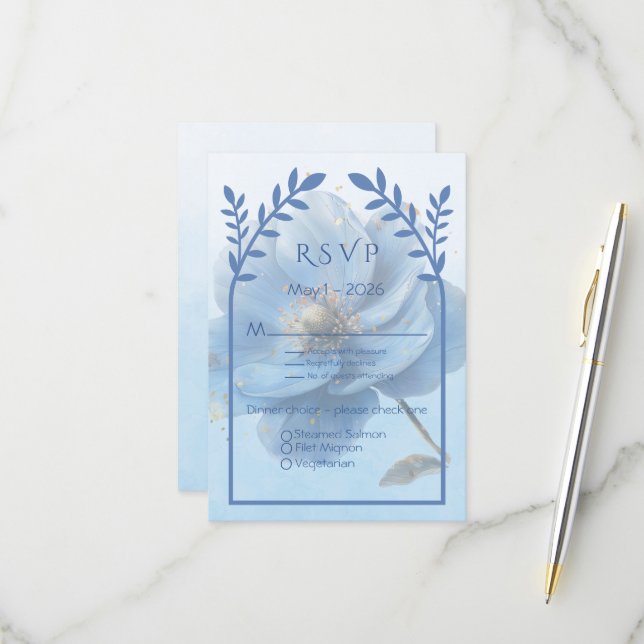 Modern Minimalist Gold and Blue Wedding RSVP Karte (Vorderseite/Rückseite Beispiel)